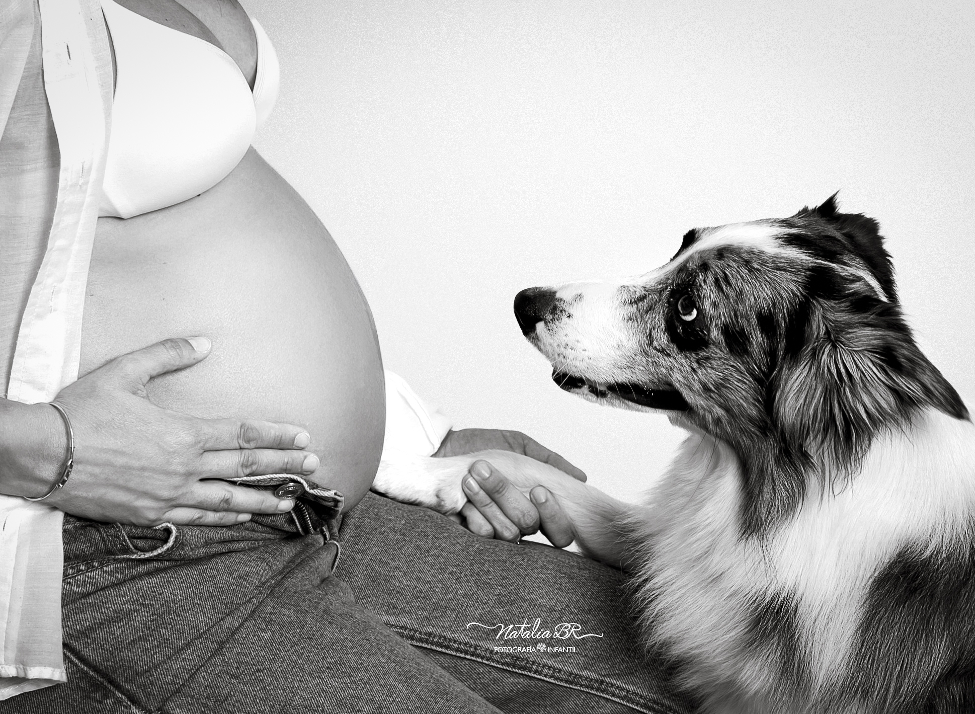 Fotografía embarazo Málaga - detalle barriga con perro